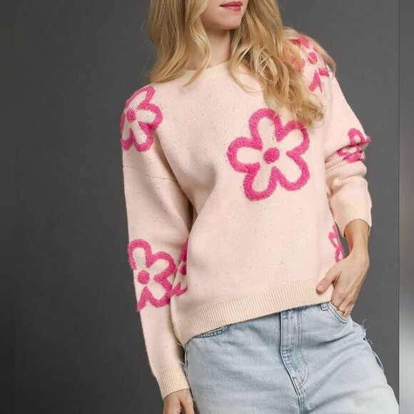 Umgee Round Neck Sweater with Pink Floral Kawaii Large Flower Sz S M - Picture 2 of 8